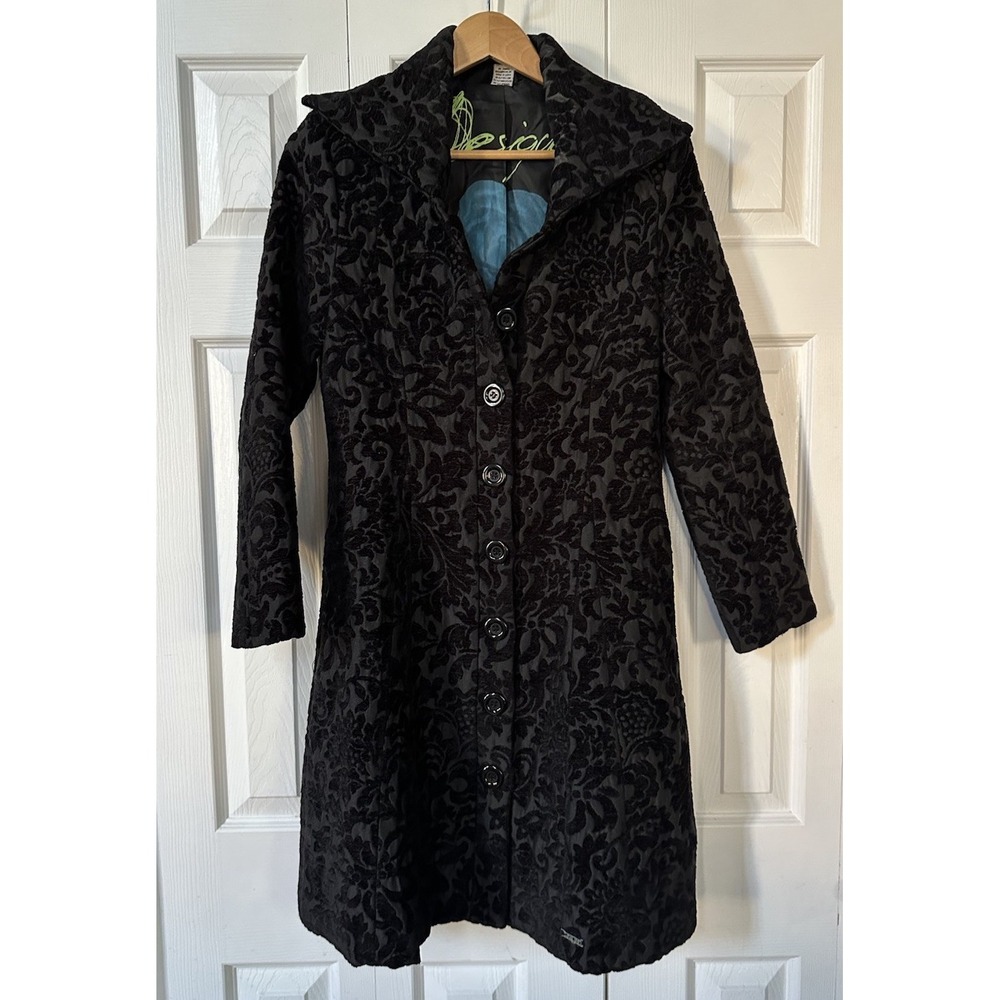 VTG Desigual Flowers Pattern Coat Jacket Black Size S Velvet Burnout Textured